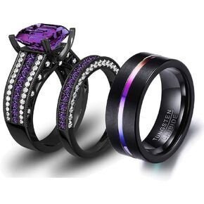 LOVERSRING 3pc Two Rings His and Hers Couple Rings Bridal Sets His Hers Women Black Gold Plated Purple Cz Man Tungsten Carbide Wedding Ring Band Set