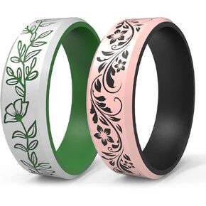 2/1 Paks Wilderness Collection Engraved Ring, Flower Vine Design - Silicone Ring for Men and Women, Silicone Wedding Band for Sports Activities, Breathable Comfort Fit