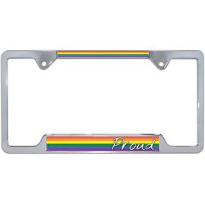 Rainbow Proud Flag Chrome-Plated All-Metal Open Corner License Plate Frame Tag Holder for Cars/SUVs/Trucks Weather-Proof Automotive Accessory