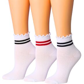 Tipi Toe Womens 3 Pairs Turn-Cuff Solid Lettuce Edge Lightweight Quarter Length Ruffle Socks