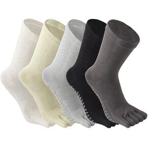5 Pairs Women's Mid Calf Yoga Socks Non Slip Five Toe Medium Cushion Cotton, Dot Rubber Sole for Pilates, Dance, Barre, Gym Girl's Barefoot Soft Boot Socks