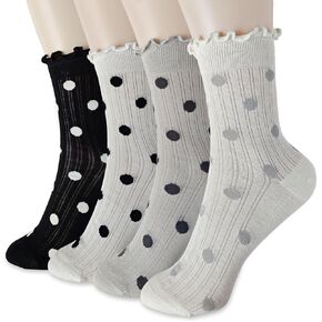 zrylibya Women Cute Ruffle Frilly Socks Breathable Summer Thin Polka Dots Crew Socks 4 Pairs