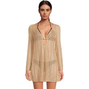 BECCA Women's Standard Golden Crochet Tunic, Casual, Pull On, Sheer, Beach Cover Ups, Gold