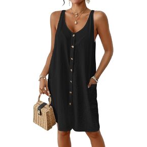 Eddoyee Womens Summer Swimsuit Cover up Sleeveless Beach Sundress Casual Loose Button Dress with Pockets