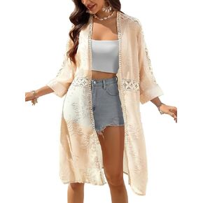 BB&KK Kimonos for Women Long Beach Cover Ups Summer Swimwear Sheer Boho Embroidery Open Front Floral Midi