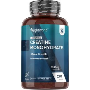 WeightWorld Creatine Monohydrate 3000mg - 270 Vegan Tablets (3 Months Supply) - 90 Servings - for Muscle Strength & Recovery - Micronized Creatine Monohydrate for Women & Men - Gluten-Free