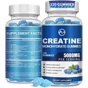 Creatine Monohydrate Gummies 5000mg with Taurine and L-Glutamine, Blueberry Flavored Creatine Monohydrate for Men and Women, Pre Workout Supplement for Muscle Strength and Energy Boost, 120 Gummies