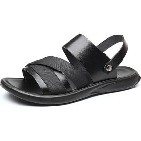 Men's Leather Casual Flat Sandals with Adjustable Dual-Purpose Strap Comfort Soft Bottom Open Toe Slip-On Slides Summer Anti-Slip Beach Sandals