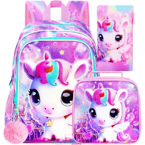 UFNDC 3PCS Dolphin Bookbag for Girls, 16" Kids Backpack with Lunch Box, Water Resistant School Bag for Elementary Preschool Toddler