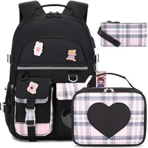 Backpack for Girls - Bookbag Backpacks Schoolbag for Girls Kids Teen Women Casual Travel Daypacks - School Bag Elementary Middle School College Cute Backpack with Lunch Box (Black Purple)