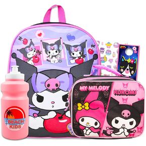 حقيبة ظهر Kuromi مع مجموعة صندوق الغداء - حزمة مع حقيبة ظهر Sanrio School ، حقيبة غداء Melody ، زجاجة ماء ، وشم ، المزيد | كيس مدرسة كورومي للفتيات ، الأطفال