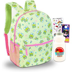 حقيبة الظهر Keroppi للبنات - حزمة مع حقيبة ظهر Sanrio School بالإضافة إلى زجاجة ماء ، شارات ، المزيد | Hello Kitty و Friends School Bag Keroppi