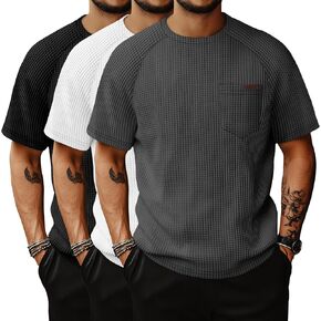 Riyiper 3 Pack Men's Waffle Knit T Shirts Crew Neck Short Sleeve Pullover Tees Summer Casual Shirts with Pocket