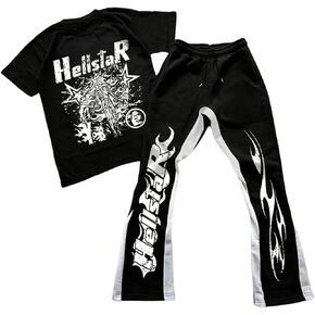 Men's Jogging Suits 2 Piece Set Short Sleeve Goth Graphic Tees and Flared Sweatpants Tracksuits