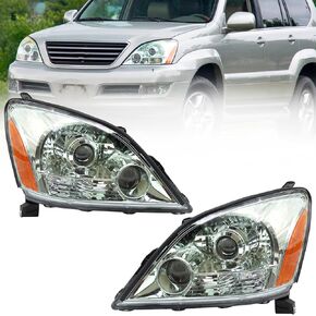 Halogen Headlight Assembly Fit for 2003-2009 Lexus GX470, Projector Headlamp Assembly Clear Lens for Direct Replacement Black Housing Headlamps,Driver and Passenger Side