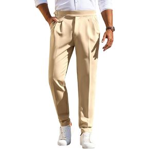 Runcati Mens Classic Fit Dress Pants Pleated Elastic Waist Work Pants Skinny Stretch Business Suit Pants
