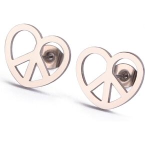 Stainless Steel Heart Shaped World Peace Sign Stud Earrings