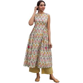 Janasya Indian Women's Multicolor Pure Cotton Ethnic Motifs Kurta Kurti Top Tunic Festive wear Kurta Set for Women