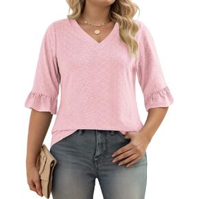 VISLILY Womens-Plus-Size-V-Neck-Tops Dressy 3/4 Length Ruffle Sleeve T Shirts Trendy Eyelet Blouses Casual Loose Tunics 1X-5X in Kuwait