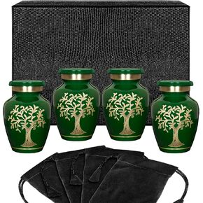 Trupoint Memorials Small Urns for Human Ashes Keepsake, Tree of Life Decorative Mini Cremation Urn for Adult Men & Women, Set of 4, Dark Green