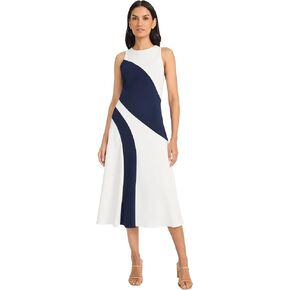 Maggy London Women's Sleeveless High Neck Wave Pattern Midi-Structured Fitted Bodice with A-line Flare-Wedding Guest Dress
