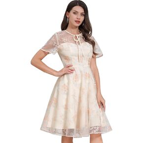 Mesh Embroidery Floral Dress for Women Short Sleeve Cocktail Tea Party Dress Keyhole Tie Formal Embroidered Tulle Prom Dress
