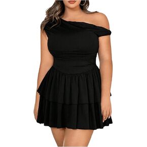 MakeMeChic Women's Plus Size Summer Dress Asymmetrical Neck Mini Dress Ruffle Tiered Cocktail Dresses