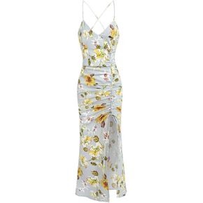 ZAFUL Womens Summer Floral Spaghetti Midi Dresses 2025 Sexy V Neck Sleeveless Drawstring Ruched Split Backless Cocktail Dress