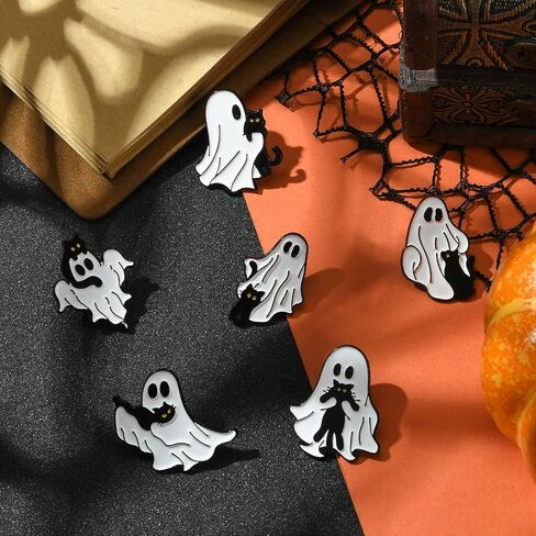 Ipotkitt 6 Pcs 6 Styles Ghost with Black Cat Enamel Brooches Halloween Theme Metal Animal Lapel Pins Horror Cartoon Pins for Jacket Backpack Hat Clothes Decor in Kuwait