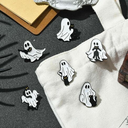 Ipotkitt 6 Pcs 6 Styles Ghost with Black Cat Enamel Brooches Halloween Theme Metal Animal Lapel Pins Horror Cartoon Pins for Jacket Backpack Hat Clothes Decor in Kuwait