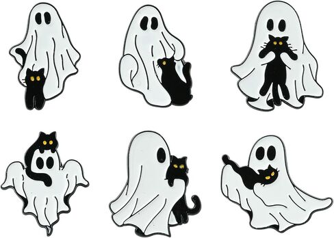 Ipotkitt 6 Pcs 6 Styles Ghost with Black Cat Enamel Brooches Halloween Theme Metal Animal Lapel Pins Horror Cartoon Pins for Jacket Backpack Hat Clothes Decor in Kuwait