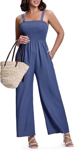 Summer Jumpsuit For Women Casual One Piece Sleeveless Wide Leg Overalls Romper With Pockets in Kuwait