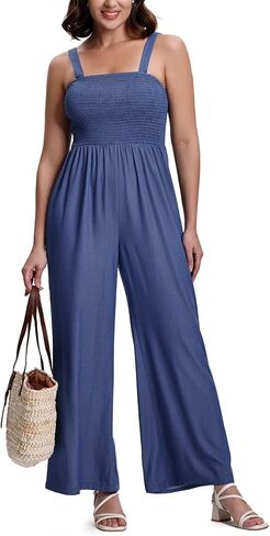 Summer Jumpsuit For Women Casual One Piece Sleeveless Wide Leg Overalls Romper With Pockets in Kuwait
