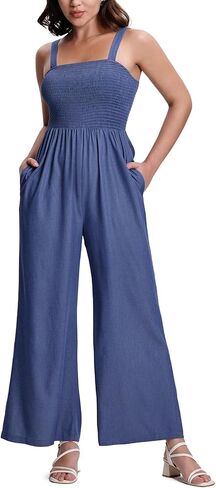 Summer Jumpsuit For Women Casual One Piece Sleeveless Wide Leg Overalls Romper With Pockets in Kuwait