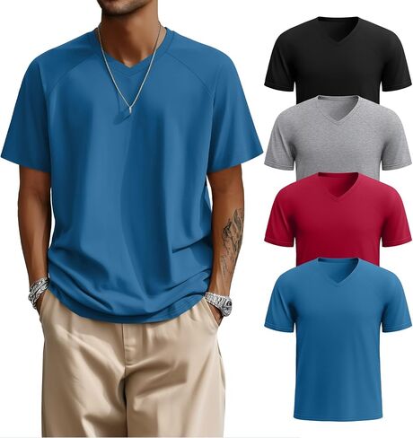 RIYIPER 4 Pack Men's Big and Tall V Deck Therts ، Raglan Short Sleeve 30 ٪ من القطن الضخم الحجم الكبير الصيفي الأساسي in Kuwait
