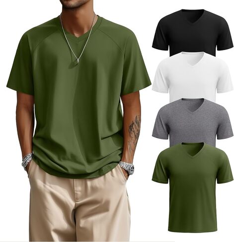 RIYIPER 4 Pack Men's Big and Tall V Deck Therts ، Raglan Short Sleeve 30 ٪ من القطن الضخم الحجم الكبير الصيفي الأساسي in Kuwait
