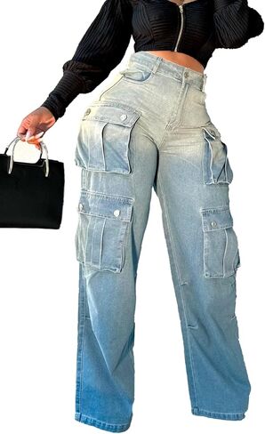 Vaceky Stretch Baggy Jeans Women High Waist Straight Leg Y2K Denim Cargo Pants in Kuwait