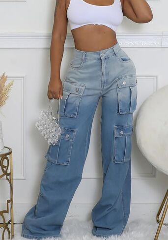 Vaceky Stretch Baggy Jeans Women High Waist Straight Leg Y2K Denim Cargo Pants in Kuwait