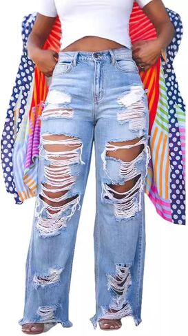 HuiSiFang Women's Ripped Jeans High Waisted Straight Wide Leg Cut Out Destroyed Frayed Tassel Jeans Distressed Baggy Jeans in Saudi Arabia