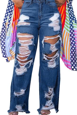 HuiSiFang Women's Ripped Jeans High Waisted Straight Wide Leg Cut Out Destroyed Frayed Tassel Jeans Distressed Baggy Jeans in Saudi Arabia