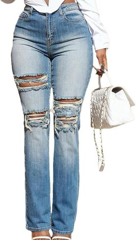 LetSvdo Women's Women's Skinny Jeans عالية الخصر ساق مستقيمة الساقين غير متناظرة غير متناظرة السراويل الدنيم in Kuwait
