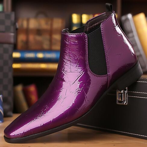 Men's Patent Leather Low Chunky Heel Chelsea Boots Fashion High Gloss Slip-on Business Dress Oxford Boots for Wedding Prom Party Business Work in Saudi Arabia
