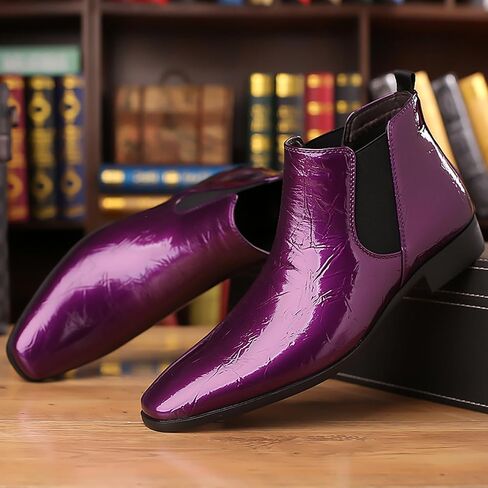 Men's Patent Leather Low Chunky Heel Chelsea Boots Fashion High Gloss Slip-on Business Dress Oxford Boots for Wedding Prom Party Business Work in Saudi Arabia