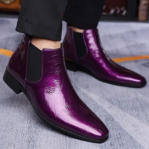 Men's Patent Leather Low Chunky Heel Chelsea Boots Fashion High Gloss Slip-on Business Dress Oxford Boots for Wedding Prom Party Business Work in Saudi Arabia
