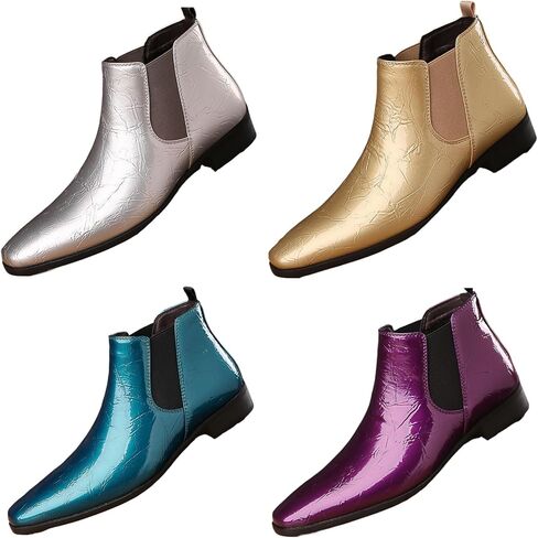 Men's Patent Leather Low Chunky Heel Chelsea Boots Fashion High Gloss Slip-on Business Dress Oxford Boots for Wedding Prom Party Business Work in Saudi Arabia