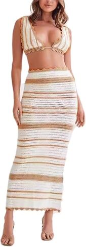 Crochet Knit 2 Piece Skirt Set for Women Knit Top Striped Bodycon Long Skirt Beach Cover Up Streetwear in Saudi Arabia