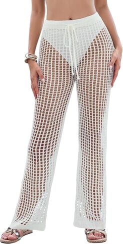 Eddoyee Womens Crochet Cover Up Pants Summer Beach Swimsuit Coverup 2025 High Waisted Sexy Mesh Knit Coverup Pants in Kuwait