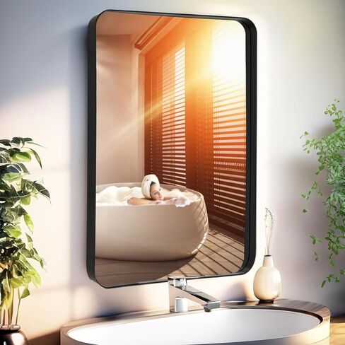 Bathroom Mirror 20x30 Inch - Aluminum Frame Rectangle Wall-Mounted Mirrors - Large Round Corner Bathroom Mirrors for Over Sink - Premium Decor for Bathroom Vanity Mirror (Black) in Saudi Arabia