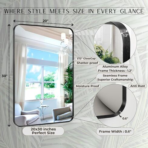Bathroom Mirror 20x30 Inch - Aluminum Frame Rectangle Wall-Mounted Mirrors - Large Round Corner Bathroom Mirrors for Over Sink - Premium Decor for Bathroom Vanity Mirror (Black) in Saudi Arabia
