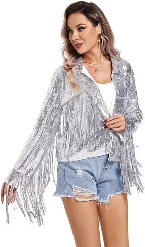 Women's Sequin Jacket Long Sleeve OpenZipper Fahion Shiny Glitter Sparkly Bomber Jackets in Saudi Arabia